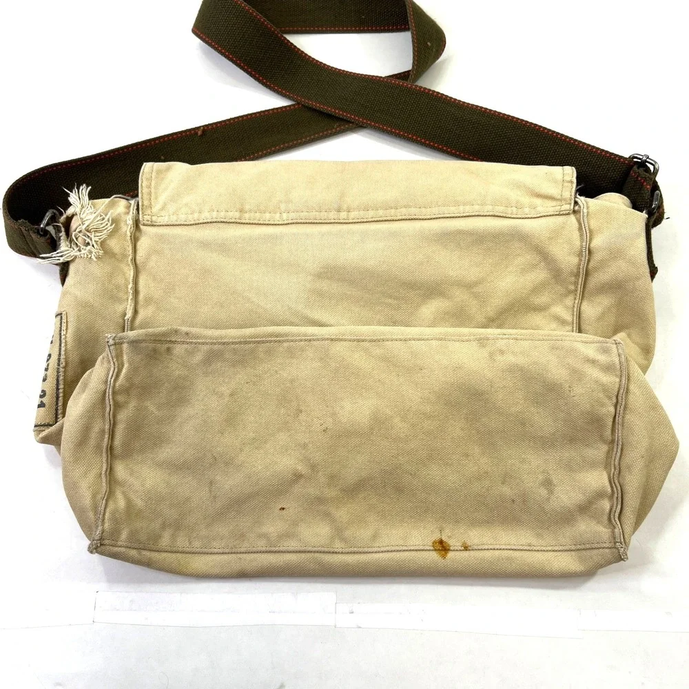 Old Navy Beige Canvas Messenger Bag Camo Lining Leather Tabs Distressed Adjustbl